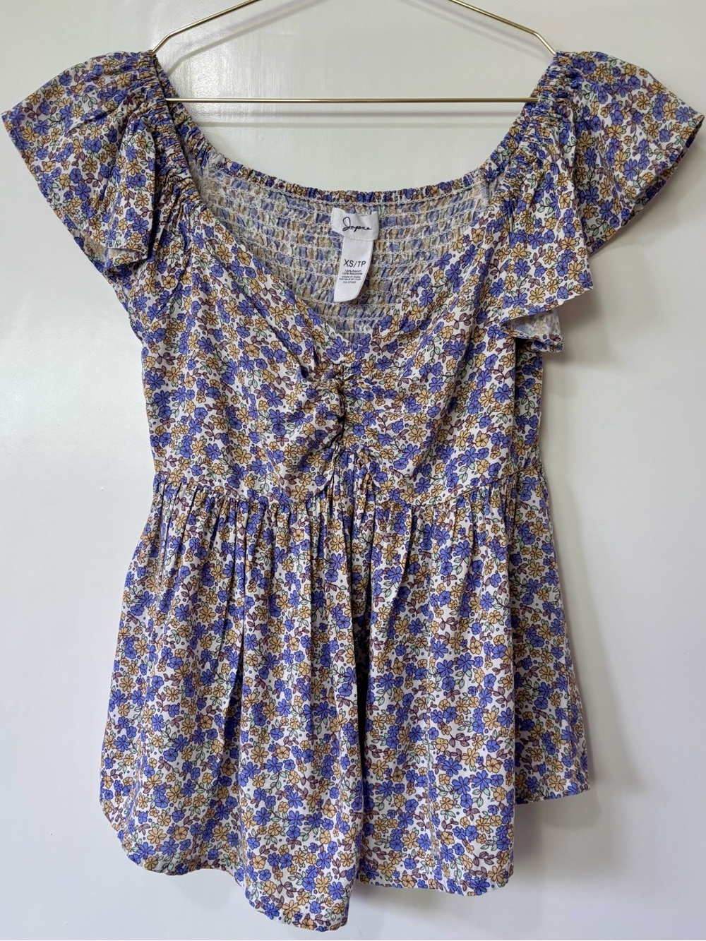 Anthropologie| Japna| Blue Floral Peplum Ruched Bodice Peplum Top Blouse Sz XS